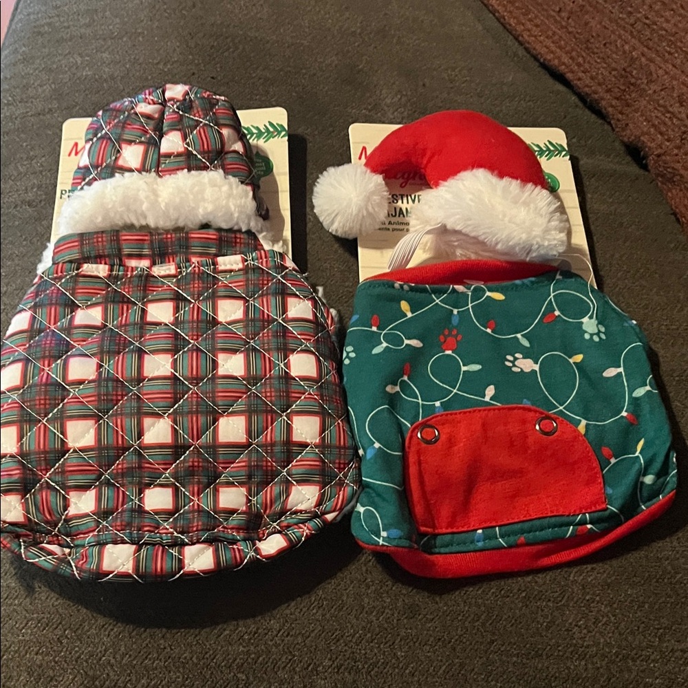 2 Small Pet Outfits Puffer Coat & Christmas PJ’s